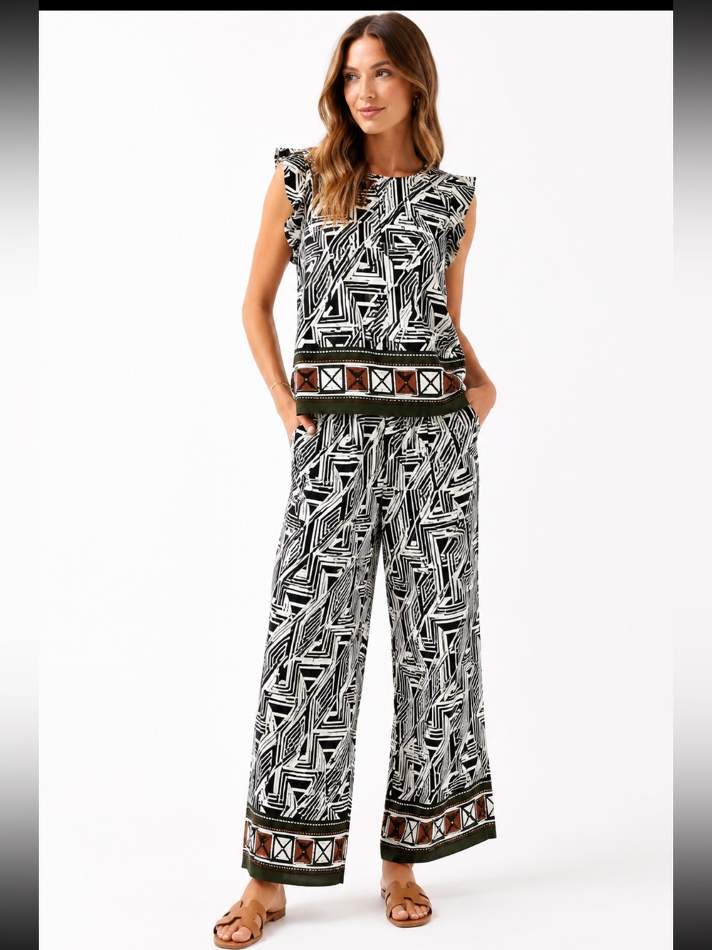 Halogen 2 Piece Resort Set Wide Leg Pants Geometric Euro Vacation Outfit M/L